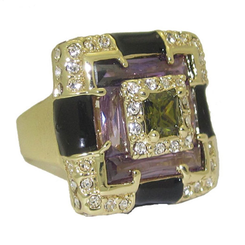 Enamel Designer Ring Cubic Zirconia white & 18kt yellow gold size 5 quality NWT
